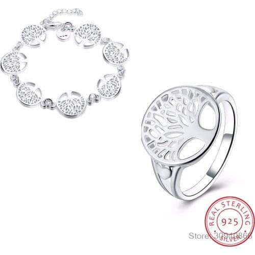 Wisdom Tree Bracelet Rings Set 925 Sterling Silver Tree of Life Bracelet and Rings Bijoux Christmas Gifts 2pcs Jewelry Set