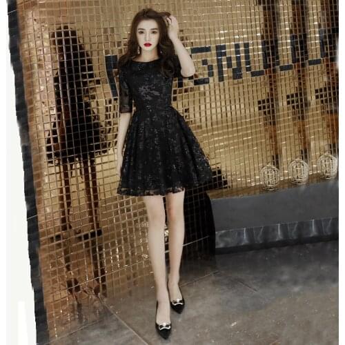 New Black Lace Short Prom Dresses Half Sleeve A Line Scoop Neck Formal Sequins Graduation Party Gowns Custom Made