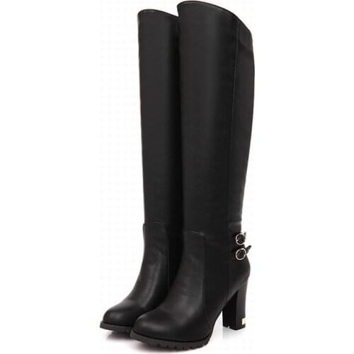 Plus Large Size 34-43 Womens Knee Square High Heel Boots Ladies Riding Botas Long Warm Winter Shoes Female Sexy Round Toe PW061