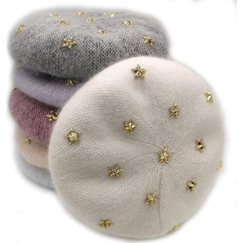 [Onidfurow] Fashion New Women Angora rabbit Solid Color Beret Female Bonnet Caps Winter All Matched Warm Walking Hat with stars