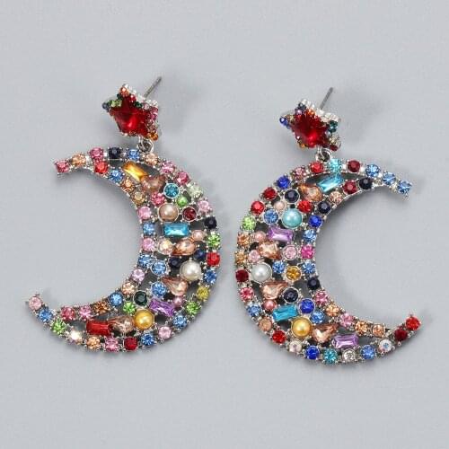 Wholesale New Rainbow Moon Earrings Za Women Statement Cc Earrings Cute Rhinestone Pendant Hanging Drop Earrings Jewelry 2021