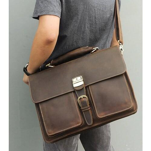 Mens genuine leather briefcase 15 inch laptop handbag Real leather PC shoulder bag Cow leather business bag Large messenger