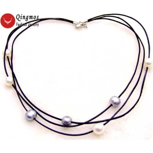 Qingmos Natural White & Gray Pearl Necklace for Women with 10-11mm Potato Pearl Pendant Leather 3 Strands 19" Chokers Necklace
