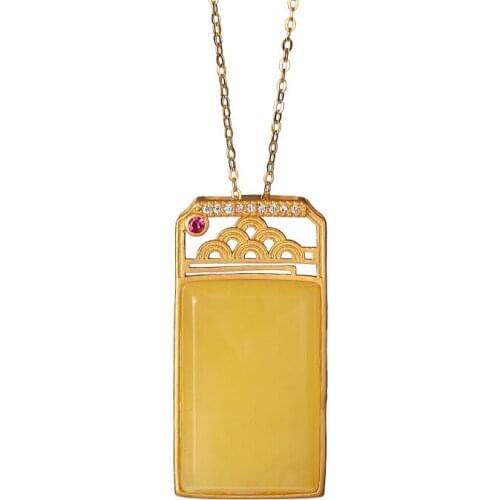 925 sterling silver gold plated natural amber wax pendant retro national trend Xiangyun lucky pendant womens pendant