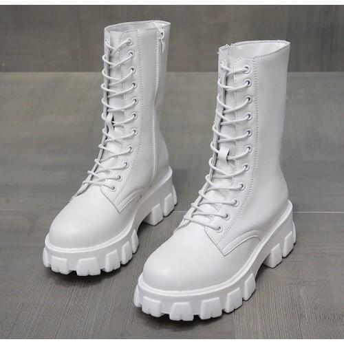 Okkdey 2020 Spring Women White Boots Autumn Fashion Black Leather Platform Gothic Boots Punk Combat Mid-Calf Boots for Women