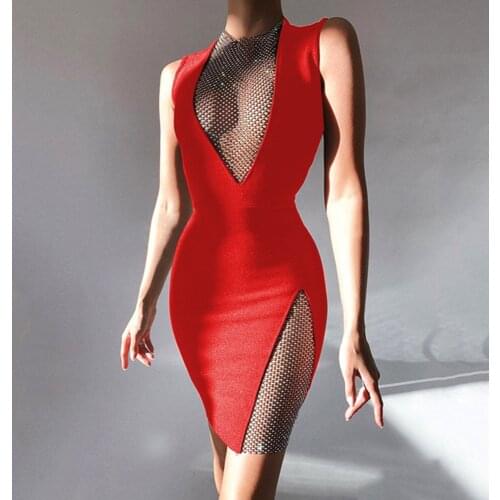 Womens Summer Sexy O-Neck Mesh Diamond Black Mini Elegant Stitching Evening Party Bandage Dress