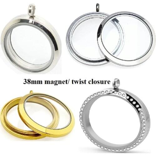 38mm Living Floating Glass Memory Locket Round medallion stainless steel locket fit necklace keychain women Kids Gift Wholesales