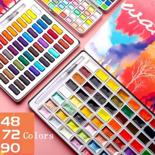 48/72/90Colors Solid Watercolor Paint Set Portable Metal Box Pearl Pigment for Drawing Metal Pigment Art Supplies