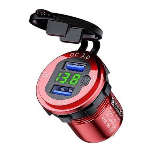 12V/24V Aluminum QC3.0 Dual USB Car Charger Fast Charge with Voltmeter Switch