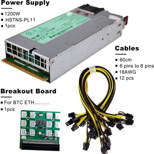 HSTNS-PL11 498152-001 490594-001 438203-001 1200W PSU Power Supply + Breakout Board + 12pcs 6pin-to-8pin Cables (60cm)