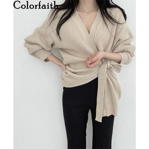Colorfaith New 2021 Womens Autumn Winter Sweaters Elegant Lady Cardigans Fashionable Lace Up Vintage Korean Knitwear SWC2622