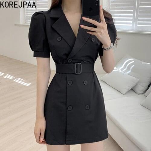 Korejpaa Women Dress 2021 Summer Ladies Lightly Cooked Style Lapel Buckle Strap Waist Double-Breasted Puff Sleeve Suit Vestidos