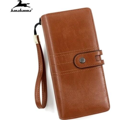 Leather Women Long Zipper Oil Wax Wallet Big Capacity Hasp Zipper Purse Ladies Long Wristlet Clutch Coin Card Holders Portomonee