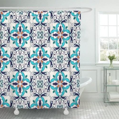 Beautiful Colored Pattern and Portuguese Tiles Azulejo Talavera Moroccan Shower Curtain Polyester 60 x 72 inches Set with Hooks