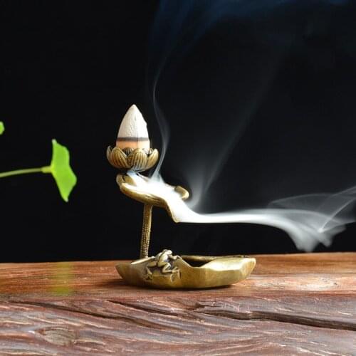 Brass Lotus Leaf Backflow Censer Ornament Classic Copper Home Decoration Incense Holder Chinese Tea Desk Mini Decor Gifts