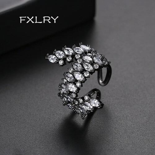 FXLRY Trendy Gun black /White Color Micro Paved Cubic Zircon Irregular Adjustable Open Ring For Women Party Fashion Jewelry