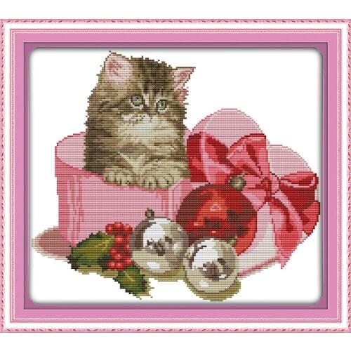Christmas gift - cat cross stitch kit 14ct 11ct pre stamped canvas cross stitching animal embroidery DIY handmade needlework