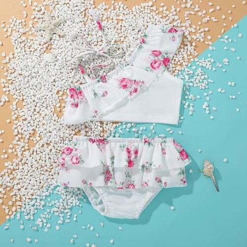 Newest Arrival Kids Girl Cute Two Piece Split Swimsuit Fresh Leopard/Flower One-shoulder Camisole+Ruffles Triangle Shorts Suits