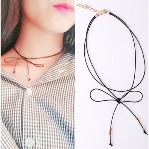 New Arrival Fashion Women Black Leather Rope Double Layer Bowknot Choker Collar Necklace For Women Girl Jewelry Bijoux Gifts