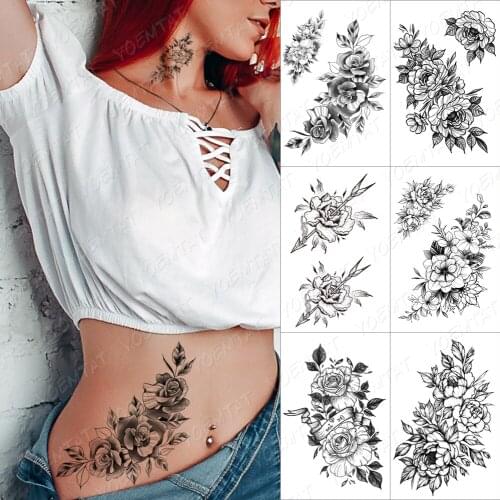 Old School Rose Temporary Tattoo Sticker For Men Women Adult Flower Peony Waterproof Fake Henna Minimalist Lines Body Art Tatoo