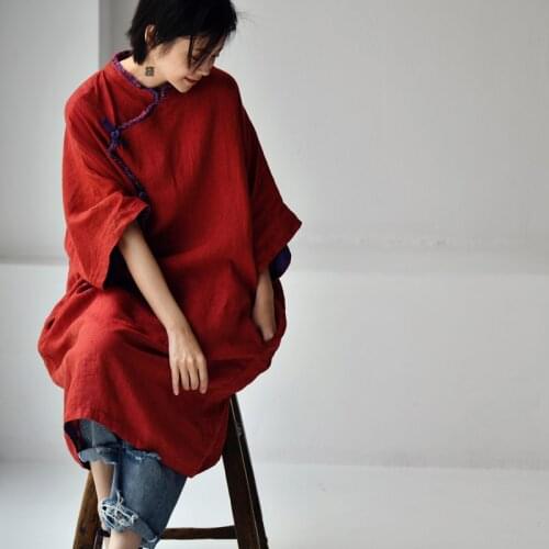 MICOCO Q7781C Literary and art retro Chinese style inclined front bumps color rough edge stitching loose stand collar dress