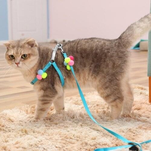 Pet Outdoor Traction Collar Harness Leash Adjustable Puppy Kitten Traction Rope with Cute Pompom Pet Walking Products, 3 Colors