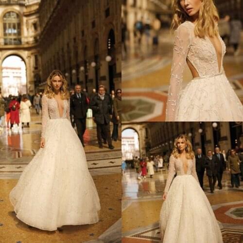 2020 Wedding Dresses Deep V-Neck Long Sleeves Lace Appliques Bridal Gowns Boho Country A-Line Wedding Dress Vestidos De Novia