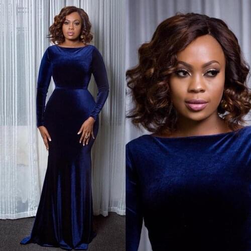 Velvet prom dresses 2021 royal blue cheap mermaid long sleeve evening dresses