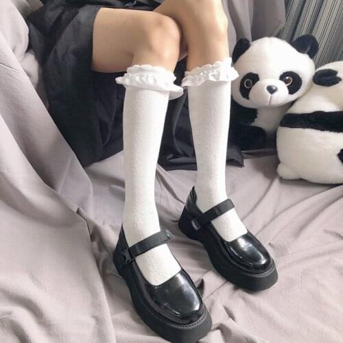 Spring Lolita Stocking Women Satin Lace Harajuku Knee Thigh High Socks Autumn Cotton White Gothic Basic Long Socks Girls PJ268