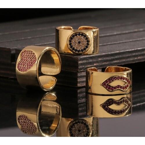 Punk Vintage Open Finger Ring Love Heart Red Lip Evil Eye Gold Color Ring Fashion Adjustable Birthday Party Jewelry Gift