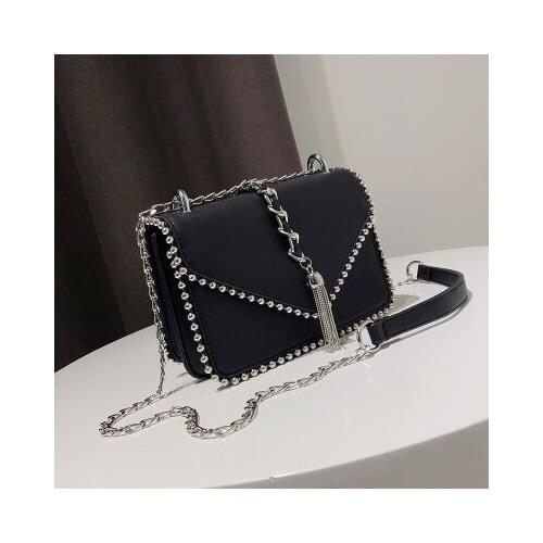 Fashion Tassel Rivet Women Chains Shoulder Bag Female Small Handbag Solid Flap Crossbody Bags Ladies Pu Leather Messenger Bag
