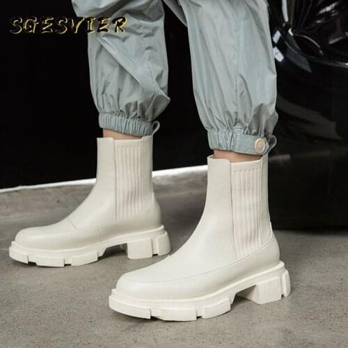 2020 New Ankle Boots for Women Thick Bottom Round Toe Genuine Leather Boots Black White All-match Botas Feminina platform shoes