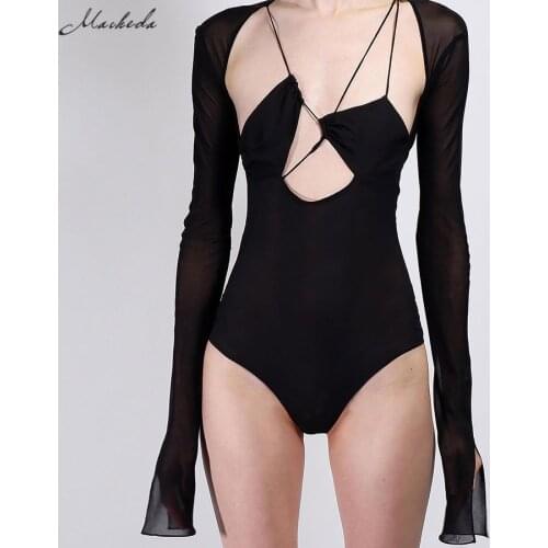 Macheda Autumn Black Sexy Hollow Out Bodysuit Women Mesh Long Sleeve Clothing Fashion Lady Solid Slim Body Suits 2020 New
