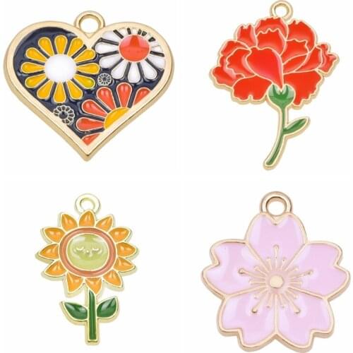 Golden Enamel Flower Charms For Jewelry Making Pin Earring Pendant Handmade Supplies 10pcs/Lot Plant Accessories Cherry Blossoms