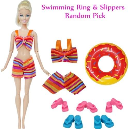 1x Swimsuit Bikini Swimwear + 1x Random Swimming Ring + 5x Random Slippers Shoes Accessories for Barbie Doll Baby Girl DIY Toy