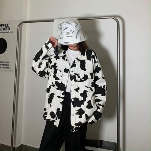 2021 Spring Fall Women Cow Print Single Breasted Plus Size Denim Jacket Casual Korean Vintage Streetwear Loose All-match Coat