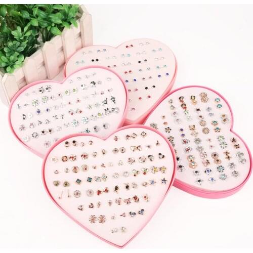36Pairs Mix Mini Cryatal Flower Clay Earring Stud Set Fruit Cartoon Hypoallergenic Plastic Earrings For Child With Heart Box