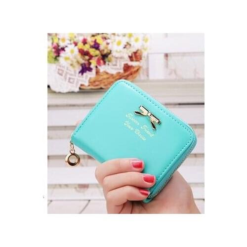 50pcs/lot korean style woman candy color bow pu short wallet solid lady lovely mini coin purse