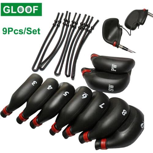 9Pcs/Set Golf Iron Club Head Covers Protectors with String Black PVC Wedge Putter Headcovers