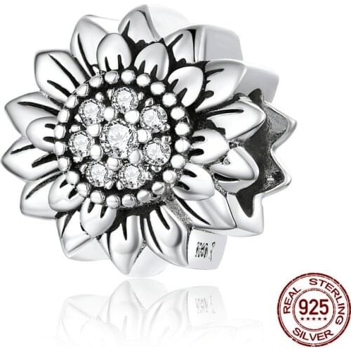 925 sterling silver retro zircon sunflower beads fit Pandora bracelet charm necklace pendant woman jewelry making gift DIY