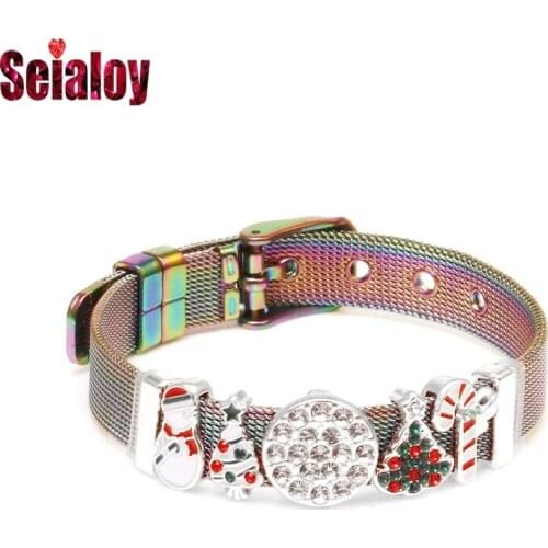 Seialoy Colorful Stainless Steel Mesh Bracelets For Women Kids Green Christmas Tree Snowman Charm 10mm Belt Bracelet Bangle Gift