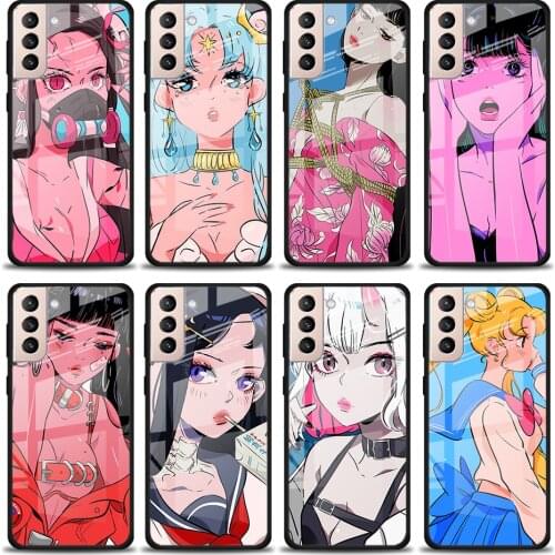 Anime Aesthetic Girl Tempered Glass Cover For Samsung Galaxy S21 Plus Ultra M21 M31 M51 A52 A72 Phone Case Coque