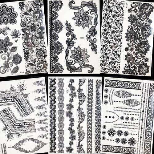 Black Chains Temporary Tattoo Women Bracelet Stickers Flower Leaf Water Transfer Tatoos Girls Body Arm Fake Lace Tattoo Supplies