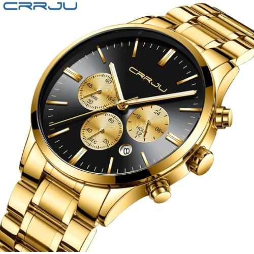 CRRJU Top Luxury Brand Chronograph Ultra Thin Date Clock Male Gold Black Steel Strap Casual Quartz Watch Men Sport Wrist Watch