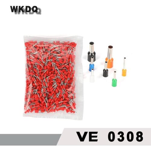 1000Pcs VE0308 Cord End Terminal Block Red Copper 0.25 ~ 0.3mm² Cross Section Wire Electrical Connector VE 0308 Ferrule Terminal