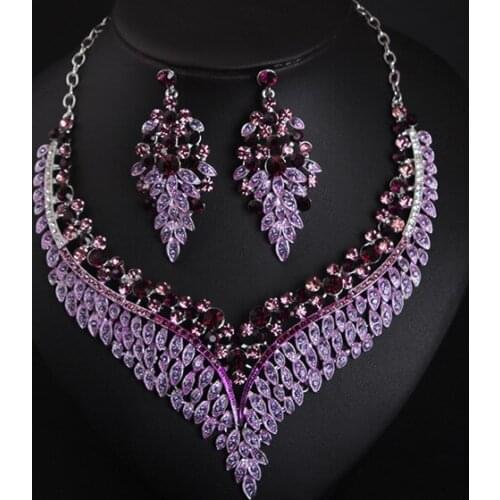 Luxury Purple Crystal Bridal Wedding Jewelry Sets Women Rhinestones Pageant Party Dress Necklace Prom Earrings Set For Bride