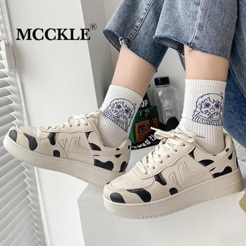 Women Vulcanized Shoe Cow print PU Leather Lace-Up Shallow Fashion Female Sneakers Comfortable Breathable Ladies Casual Footwear