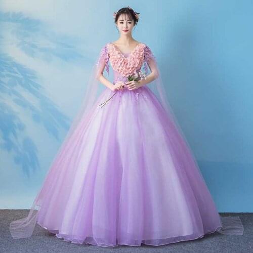 100%real light purple flower lace embroidery waist masquerade ball gown stuido princess medieval dress/victorian belle ball