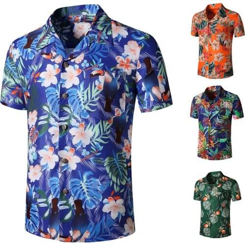 Mens Printed Short-Sleeved Shirt Turn Down Collar Loose beach Hawaiian Style Cardigan Shirt Casual Single-Breasted Tops