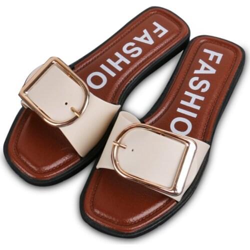 Mules shoes women metal buckle strap design slippers ladies square toe square heel a word flats platform shoes